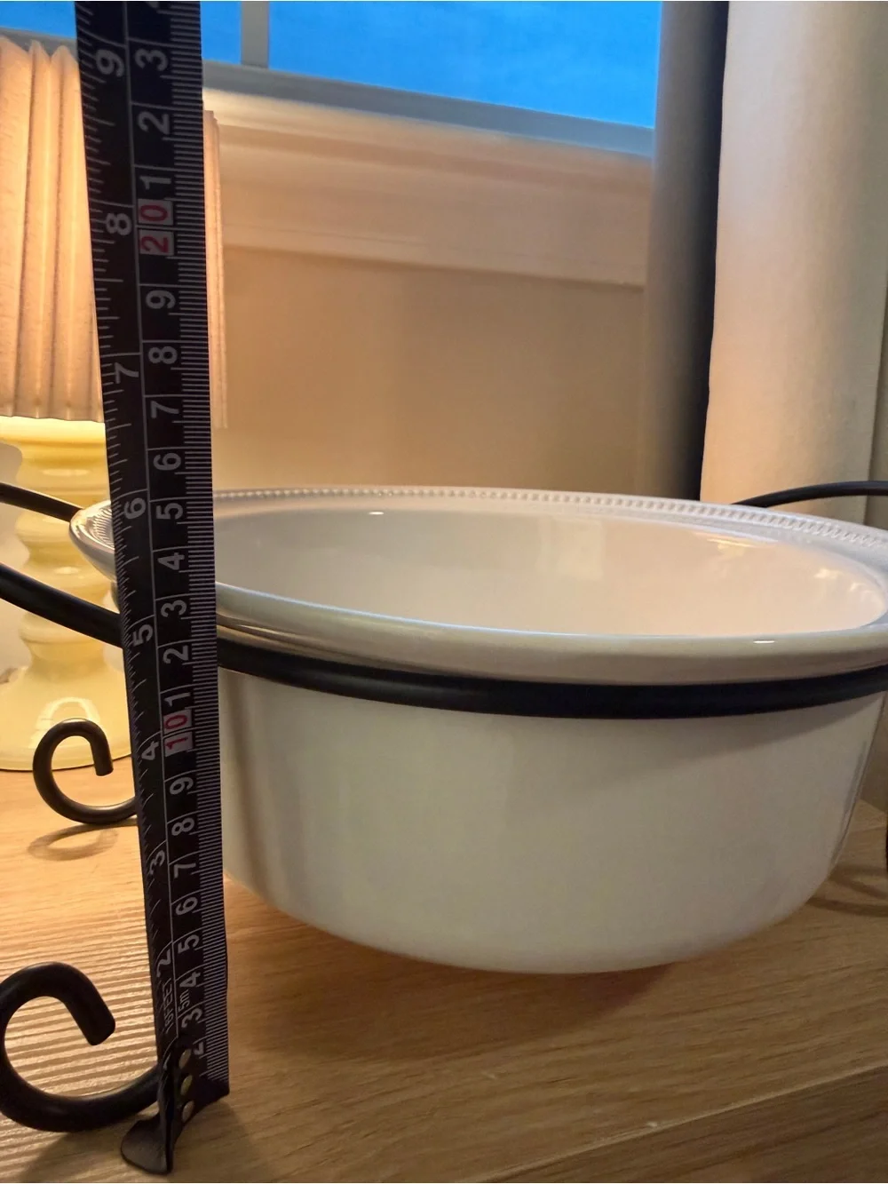 White Covered Casserole Dish with Black Metal Stand - Home Kitchen